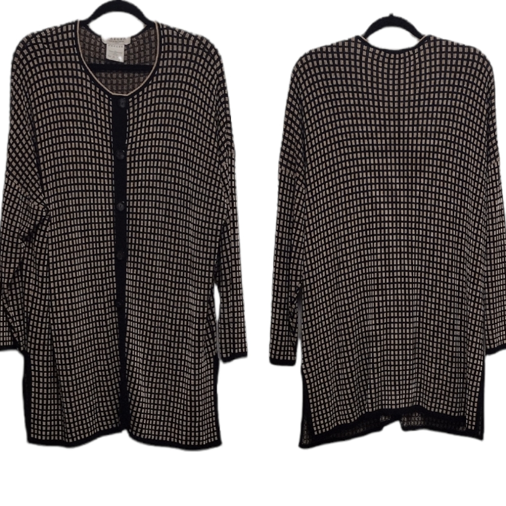 Black and White Grid Knit Cardigan Sweater